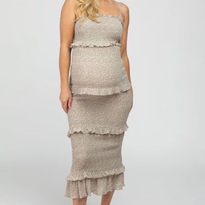 Pink Blush Taupe Leaf Print Smocked Fitted Maternity Midi Dress in size small
